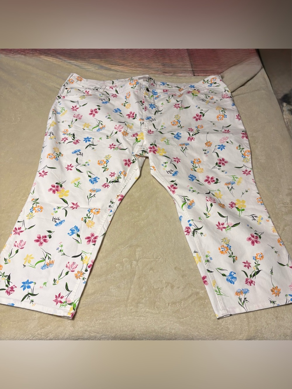Woman Within White Floral Cropped Jeans with Multicolor Blooms